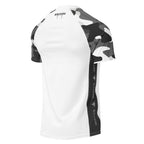 White athletic shirt with black and gray camouflage pattern on a white background