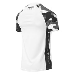 White athletic shirt with black and gray camouflage pattern on a white background