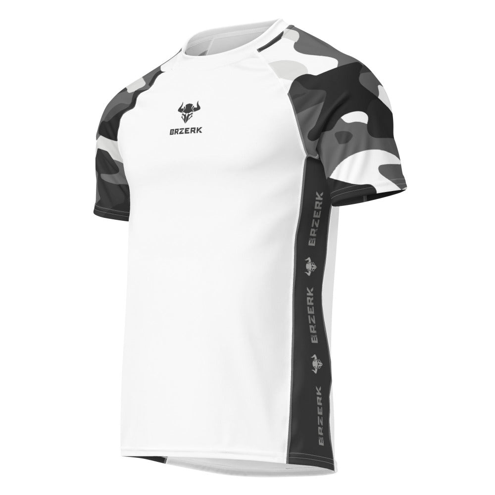White and black camouflage athletic shirt with 'Brzerk' branding on a white background Main image