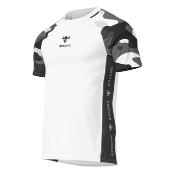 White and black camouflage athletic shirt with 'Brzerk' branding on a white background