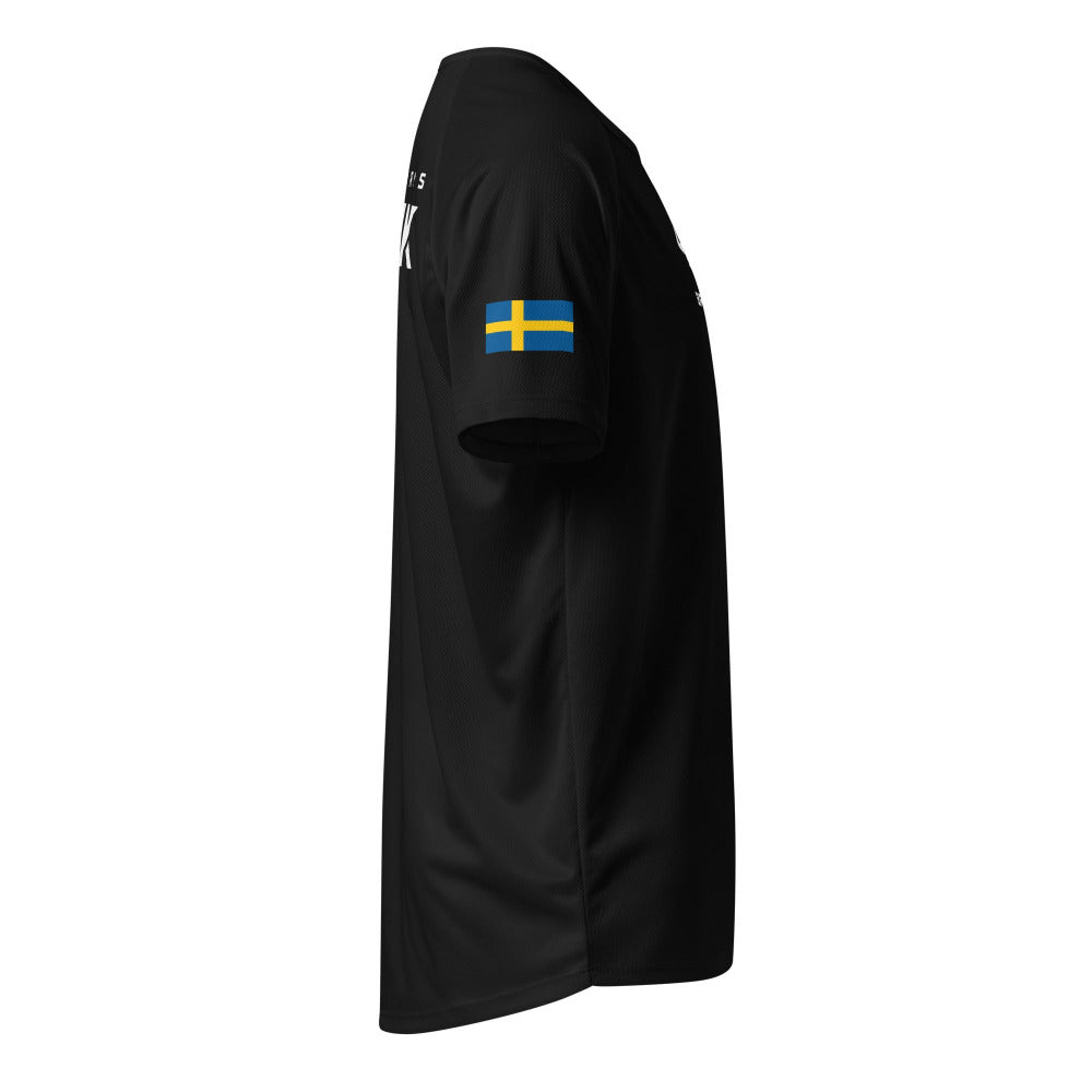 Black t-shirt with a Swedish flag on the right sleeve.