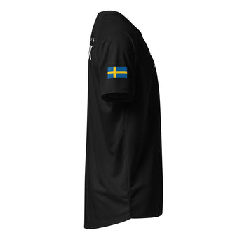 Black t-shirt with a Swedish flag on the right sleeve.